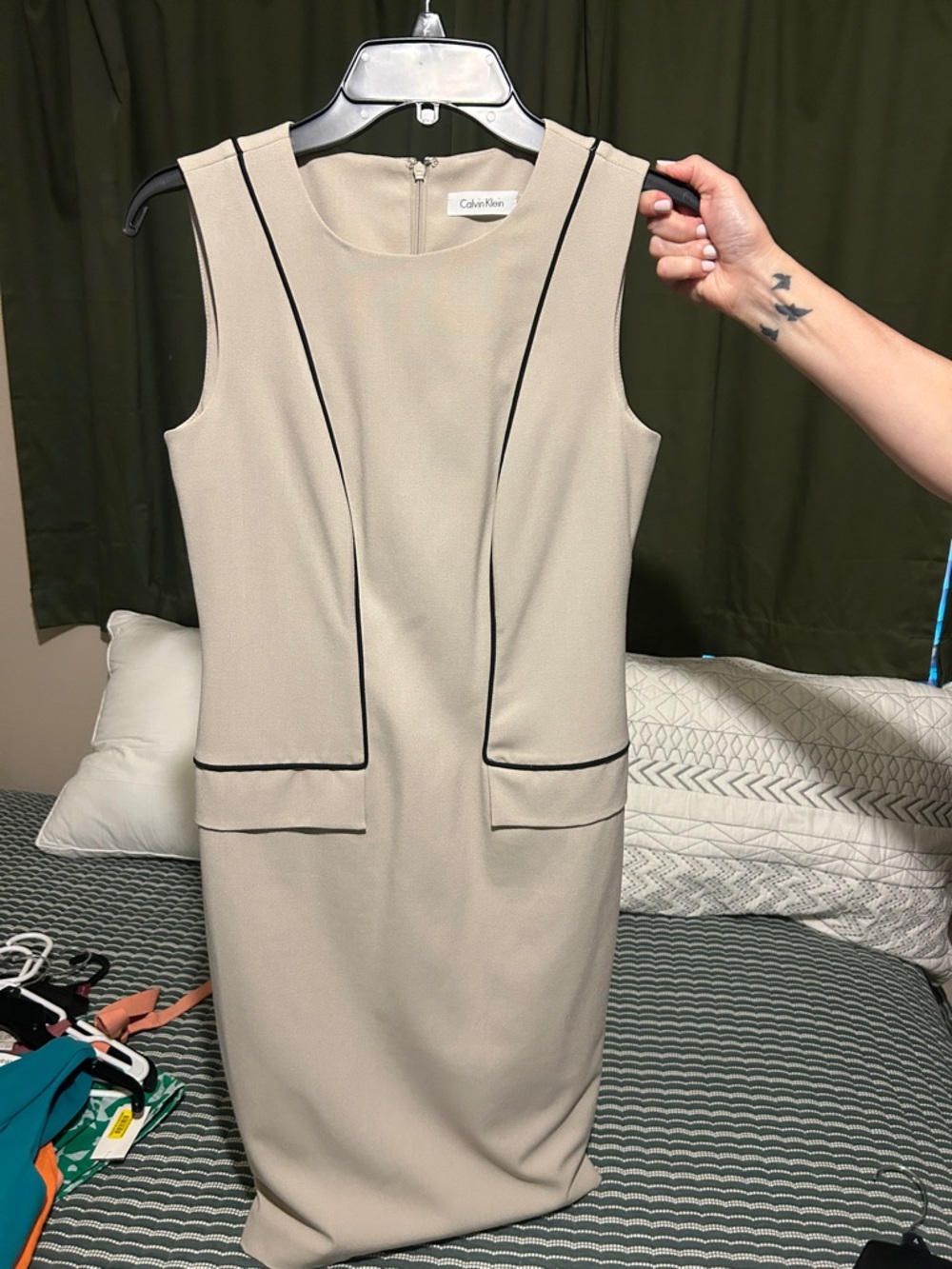 Calvin Klein Beige Midi Dress with Black Piping